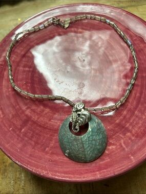 Seafoam Green Crackle Disc Necklace with Silver Seahorse Accent